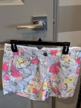 LOFT Light Gray Floral Cotton Shorts with Pink & Yellow Accents